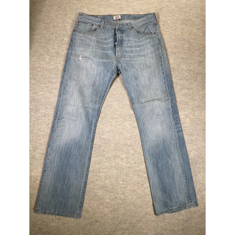 Levis 501 Straight Leg Jeans Mens 38x34 Blue Distressed Denim Cotton Button Fly